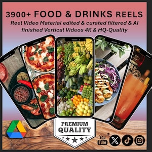 Pacote com mais de 3.900 vídeos de COMIDAS e BEBIDAS | Conteúdo premium para mídias sociais para Instagram, TikTok e YouTube | Direitos de revenda, editável no Canva, receitas