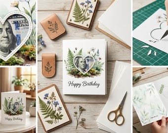 Watercolor Botanical Birthday Card | Personalizable Heart Window Money Holder | Wildflower Fern Cottagecore Gift Card