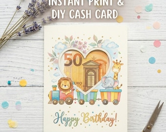 Watercolor Zoo Train Birthday Card, DIY Cash Holder (Digital Download)