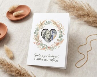Boho Floral Birthday Money Card, Watercolor Eucalyptus Wildflower Wreath (Digital Download)