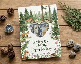 Watercolor Forest Money Card, Nature Lover Birthday Gift Holder (Digital Download)
