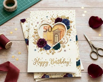 Celestial Birthday Money Card, Navy Gold Floral Cash Holder (Digital Download)