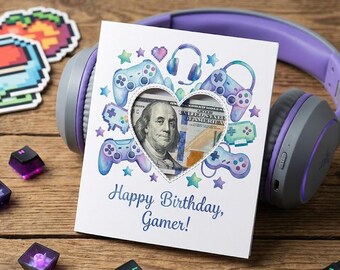 Printable Gamer Birthday Card, Video Game Controller Watercolor Money Card, DIY Cash Holder, Digital Download A4 to A5 Foldable, Teen Gift