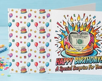 Pop Art Birthday Money Card, Heart Cutout, Watercolor Cake (Digital Download)