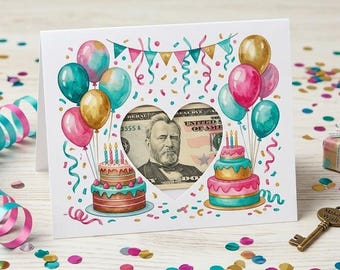 Whimsical Birthday Money Card: DIY Cash Holder with Heart Cutout (Digital Download)