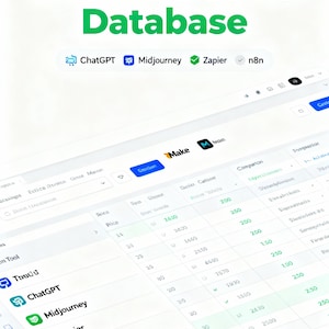 Può includere: Un'interfaccia digitale mostra un database di strumenti di intelligenza artificiale, con il titolo "9000+ AI Tools Database" in blu e verde. Sono visibili i loghi di ChatGPT, Midjourney e Zapier. L'interfaccia presenta un layout simile a un foglio di calcolo con varie voci di dati.