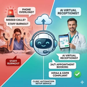 May include: An illustration promoting clinic automation services. It features a stressed medical professional overwhelmed by phone calls, contrasted with a smiling doctor using a tablet. Text includes "AI Virtual Receptionist" and "24/7 Appointment Booking."