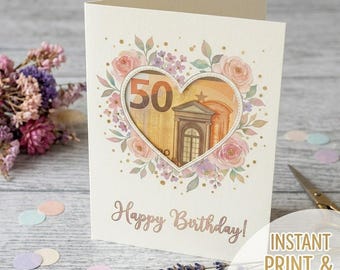 Watercolor Floral Birthday Money Card, DIY Cash Holder (Digital Download)