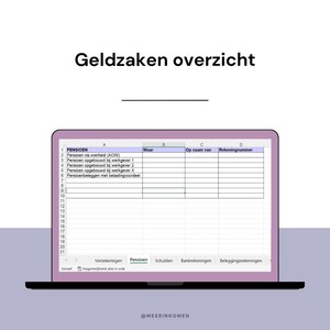 Op de afbeelding: Een screenshot van een spreadsheet met de titel "Geldzaken overzicht" en kolommen met de labels "Pensioen", "Waar", "Op naam van" en "Rekeningnummer". De spreadsheet wordt gebruikt om financiële informatie met betrekking tot pensioenen bij te houden.