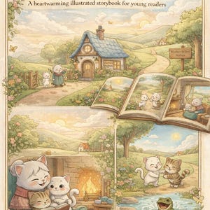 以下が含まれることがあります： 「A Gentle Journey Through Sunny Meadow Village」の表紙。イラストは、猫のキャラクター、コテージ、スイレンの葉に乗ったカエルが登場する心温まる絵本シーンを描いています。「A heartwarming illustrated storybook for young readers」と書かれています。