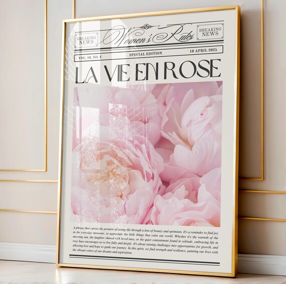 La Vie En Rose Print - Motivational Quote Poster - Vintage Retro Newspaper Wall Art - Chic & Elegant Wall Decor - Instant Download