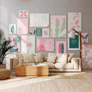 Tropical Summer Wall Art Bundle - Boho Coastal Decor - Tropical Pink Aesthetic Poster Set - Beach House Gallery Wall Art - Instant Download