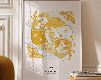 Zwilling Sternzeichen Wand Kunst Druck, Astrologie Poster, himmlische Dekor, Boho Horoskop druckbare, digitaler Download