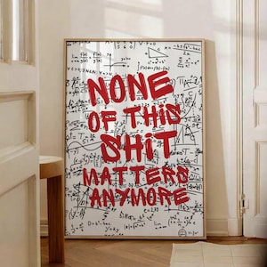 Può includere: Una stampa artistica da parete rettangolare con sfondo bianco coperto da equazioni e formule matematiche scritte a mano in nero. Sovrapposto al centro, il testo rosso in grassetto recita NONE OF THIS SHIT MATTERS ANYMORE in stile manuale.