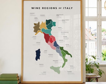 Italy Wine Map Poster, Italian Grape Regions Print, Tuscany Piedmont Veneto Vino Wall Art, Wine Lover Gift, Kitchen Decor