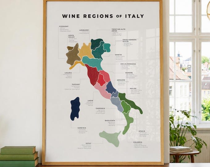 Italy Wine Map Poster, Italian Grape Regions Print, Tuscany Piedmont Veneto Vino Wall Art, Wine Lover Gift, Kitchen Decor