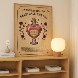 May include: A vintage-style poster with a heart-shaped bottle of Amortentia, a love potion from the Harry Potter series. The poster is framed and has a brown background with red roses and the text "ENCHANTING ELIXIRS & BREWS".