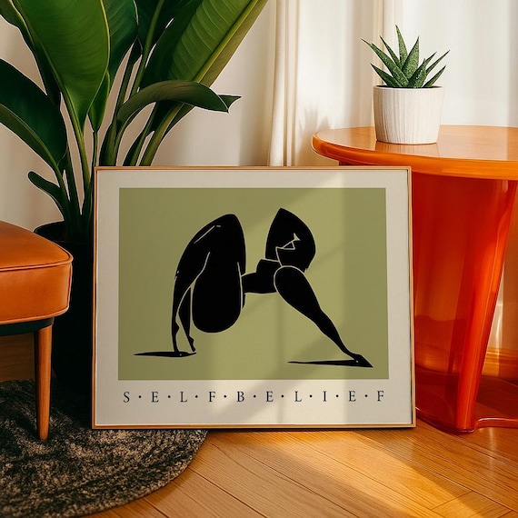 Self Belief Yoga Silhouette Wall Art, Horizontal Khaki Green Print, Motivational Wellness Poster, Pilates Studio Decor