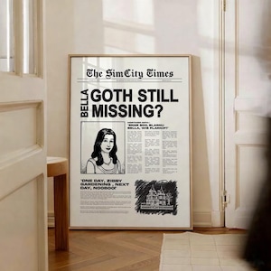 Bella Goth Still Missing The Sims Newspaper Poster | Mortimer Goth Family Simlish Print | The Sims Decor | Plumbob Wall Art Gamer Gift Idea