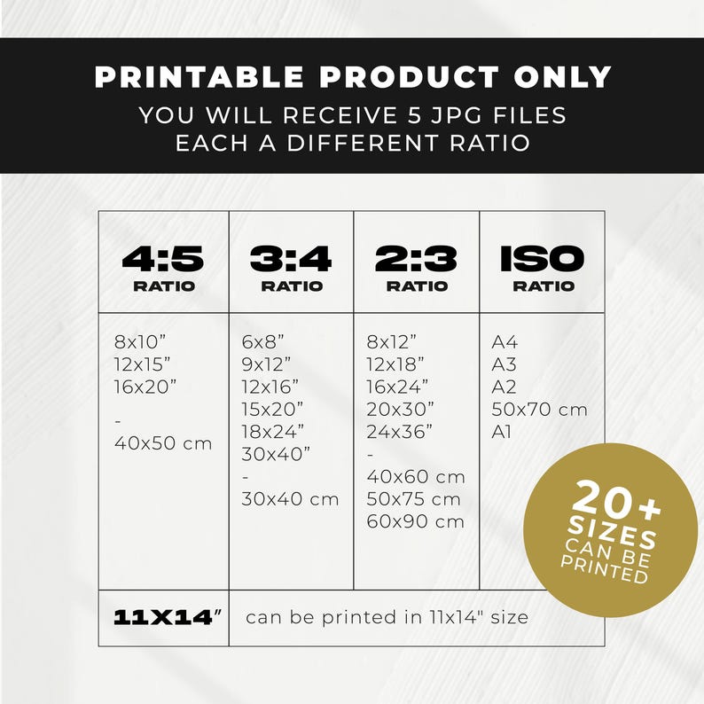 May include: A white graphic with text detailing printable product information. It shows different aspect ratios (4:5, 3:4, 2:3, ISO) and print sizes, including 20x25 cm, 30x38 cm, and 40x50 cm. The graphic also states the product can be printed in 28x35 cm.