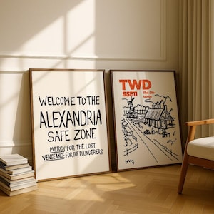 The Walking Dead Alexandria Poster Set of 2 | Safe Zone Sign & Town Sketch TWD Wall Art Zombie Decor Printable TV Show Gift Digital Download