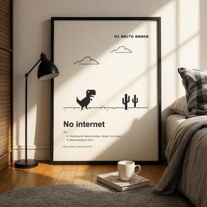 Puede incluir: Impresión enmarcada en negro con un diseño minimalista. La obra de arte presenta un dinosaurio pixelado, cactus y nubes, con el texto "No internet". La impresión incluye pasos para la solución de problemas y el mensaje "ERR_INTERNET_DISCONNECTED".