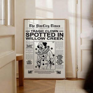 The Sims Tragic Clown Spotted | TS4 Inspired Vintage Newspaper Poster, Simlish Funny Print Art Wall Decor, SimCity Times Parody Gamer Gift