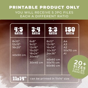 May include: Printable product image with size ratios and dimensions in inches and centimeters. Includes 4:5, 3:4, 2:3, and ISO ratios, with sizes like 8x10", 12x15", 16x20", and A4, A3, A2, A1. The text states "20+ sizes can be printed".