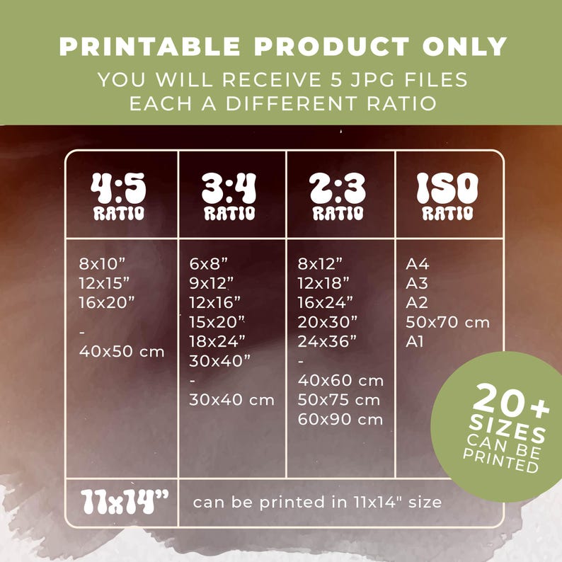 May include: Printable product image with size ratios and dimensions in inches and centimeters. Includes 4:5, 3:4, 2:3, and ISO ratios, with sizes like 8x10", 12x15", 16x20", and A4, A3, A2, A1. The text states "20+ sizes can be printed".