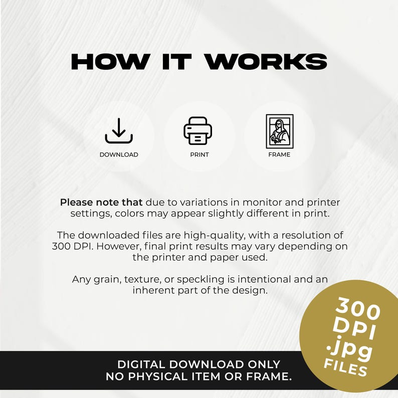 May include: Image showing "HOW IT WORKS" with download, print, and frame icons. Text explains the digital download process, file resolution, and colour variations. A gold circle indicates 300 DPI .jpg files.