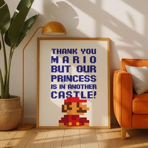 Super Mario Bros Pixel Art Print 8-Bit Mario Print | Retro Gaming “Thank You Mario…Princess in Another Castle” Quote Wall Art Gamer Decor
