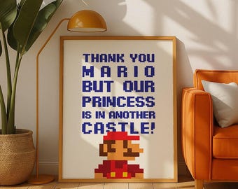 Super Mario Bros Pixel Art Print 8-Bit Mario Print | Retro Gaming “Thank You Mario…Princess in Another Castle” Quote Wall Art Gamer Decor