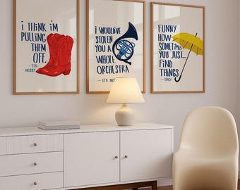 How I Met Your Mother posterset afdrukbaar, blauwe Franse hoorn gele paraplu rode laarzen kunst aan de muur, romantische sitcom decor Ted Mosby Gift