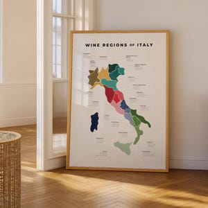 Mapa imprimible de regiones vinícolas de Italia, póster de guía de vinos italianos, decoración de cocina para sumilleres, tabla de viñedos, regalo para amantes de la uva.