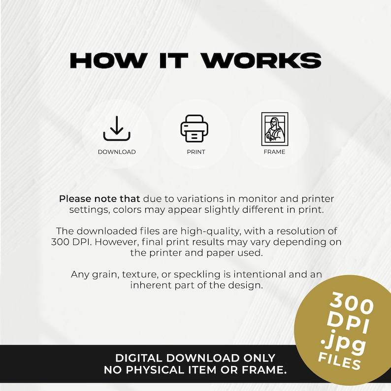 May include: An instructional graphic titled HOW IT WORKS featuring three icons for download, print, and frame. Text explains that files are 300 DPI, colors may vary by monitor, and grain is intentional. A gold circle states 300 DPI .jpg FILES.
