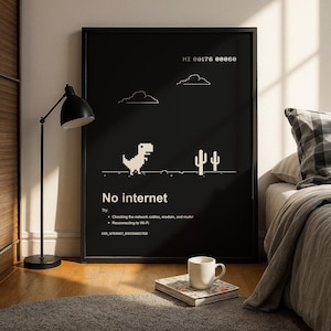 May include: Black framed wall art with a pixelated dinosaur, clouds, and cacti on a black background. The text "No internet" is displayed below the graphics, with troubleshooting tips and an error message.