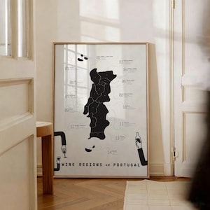 Mapa de las regiones vinícolas de Portugal para imprimir, póster de uvas de vino portuguesas, decoración minimalista para cocina o bar, regalo para sumiller (descarga digital)