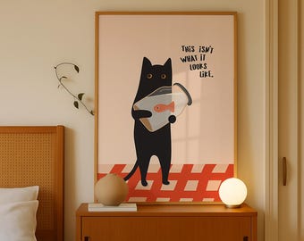 Funny Black Cat Art Print: Whimsical Cat Lover Gift (Digital Download)
