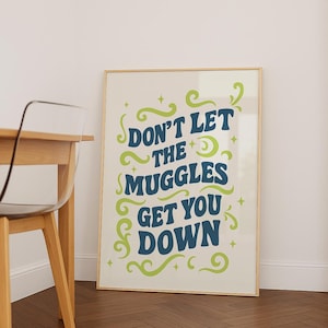 Può includere: Un poster incorniciato con la scritta "DON'T LET THE MUGGLES GET YOU DOWN" in blu e verde su sfondo crema. Il poster è in una cornice di legno chiaro ed è appoggiato a un muro.
