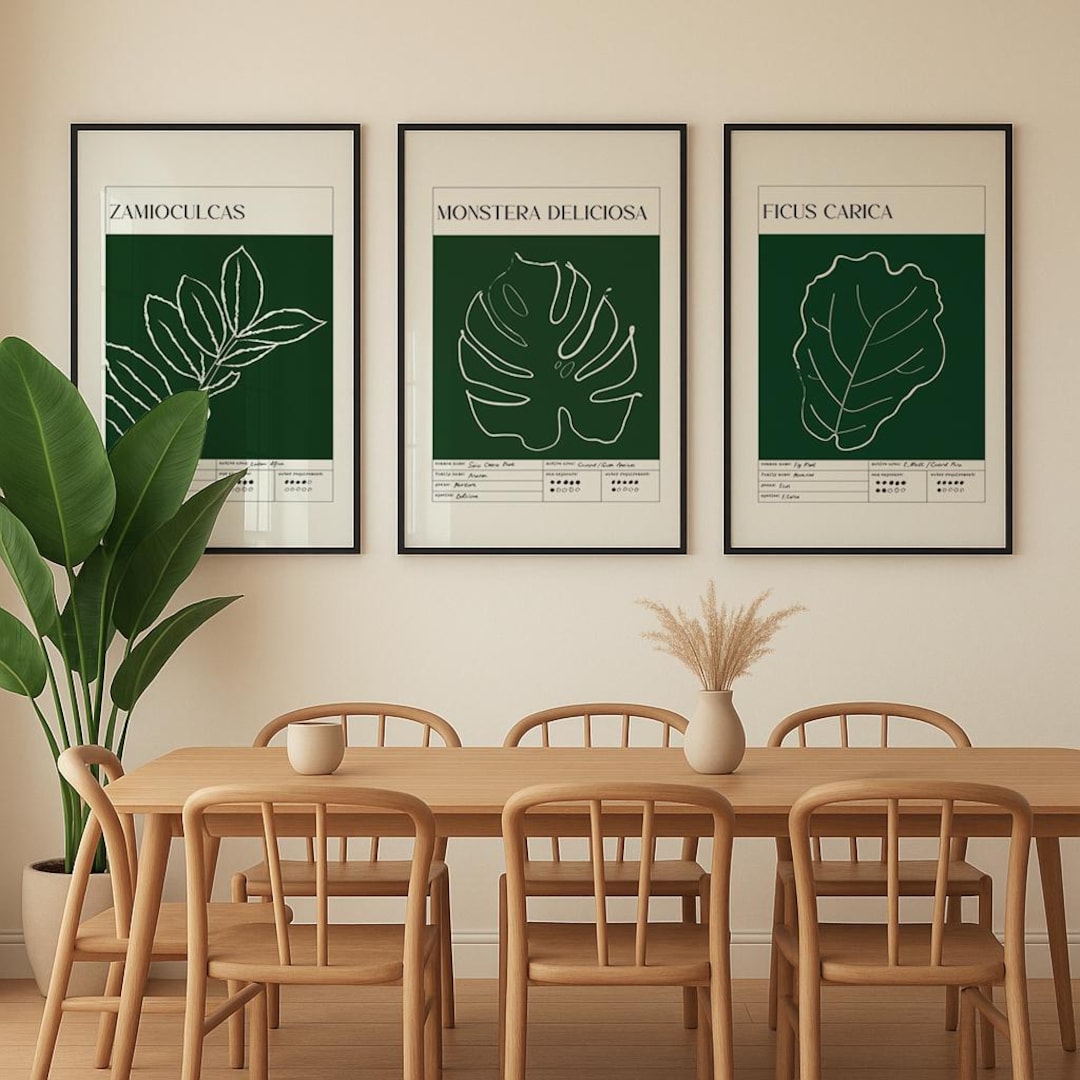 Set of 3 Botanical Line Art Prints | Minimalist Plant Wall Art | Green ...