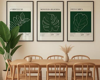 Juego de 3 impresiones artísticas botánicas lineales / Arte mural minimalista de plantas / Impresiones digitales de hojas verdes, Ficus Monstera Zamioculcas, arte moderno para decoración del hogar