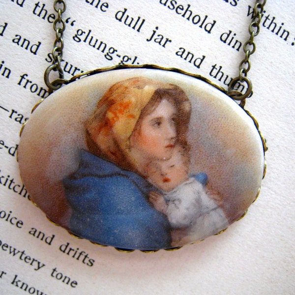 Handmade Vintage Glass Necklace with Mother and Baby. Gentle