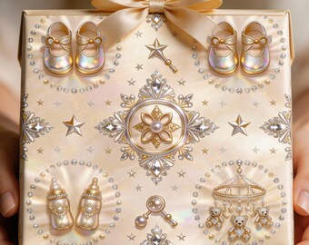 Neutral Vintage Baby Shower Wrapping Paper | Unique Heirloom Baby Gift Wrap Pattern