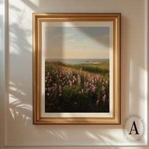 Vintage Coastal Landscape - Printable Wall Art - Coastal Flower Print - Cottagecore Decor - Ocean Painting