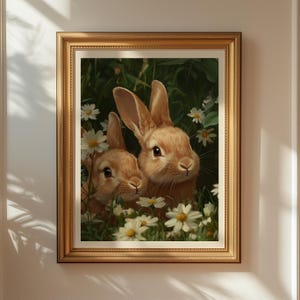 Vintage Easter Bunny Print- Cute Rabbit Couple Painting - Easter Printable - Printable Wall Art- Animal Cottagecore Decor- Digital Download