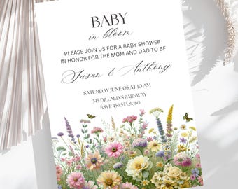 Invito per baby shower &quot;Baby in Bloom&quot; / Modello modificabile per baby shower con fiori di campo / Stampabile floreale Boho / Baby shower primaverile / Download immediato