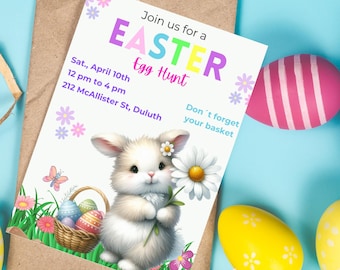 Easter egg Hunt Invitation EDITABLE, Easter Bunny Invite,  Easter Party Invite, Instant Download, Printable Spring Invitation