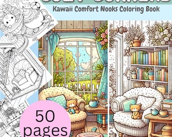 Cozy Corners Coloring Book | 50 Kawaii Printable Pages | Cute Aesthetic Coloring for Adults & Kids | Digital Art for Stress Relief PDF