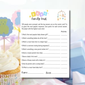 Utskrivbart familjefejdspel för babyshower | Rolig aktivitet för studentbabyshower | Triviaspel för gäster | Ladda ner direkt partyspel i PDF-format