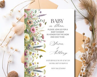 Invito modificabile per baby shower con fiori di campo, modello Baby in Bloom, stampabile in stile boho e primaverile, download digitale